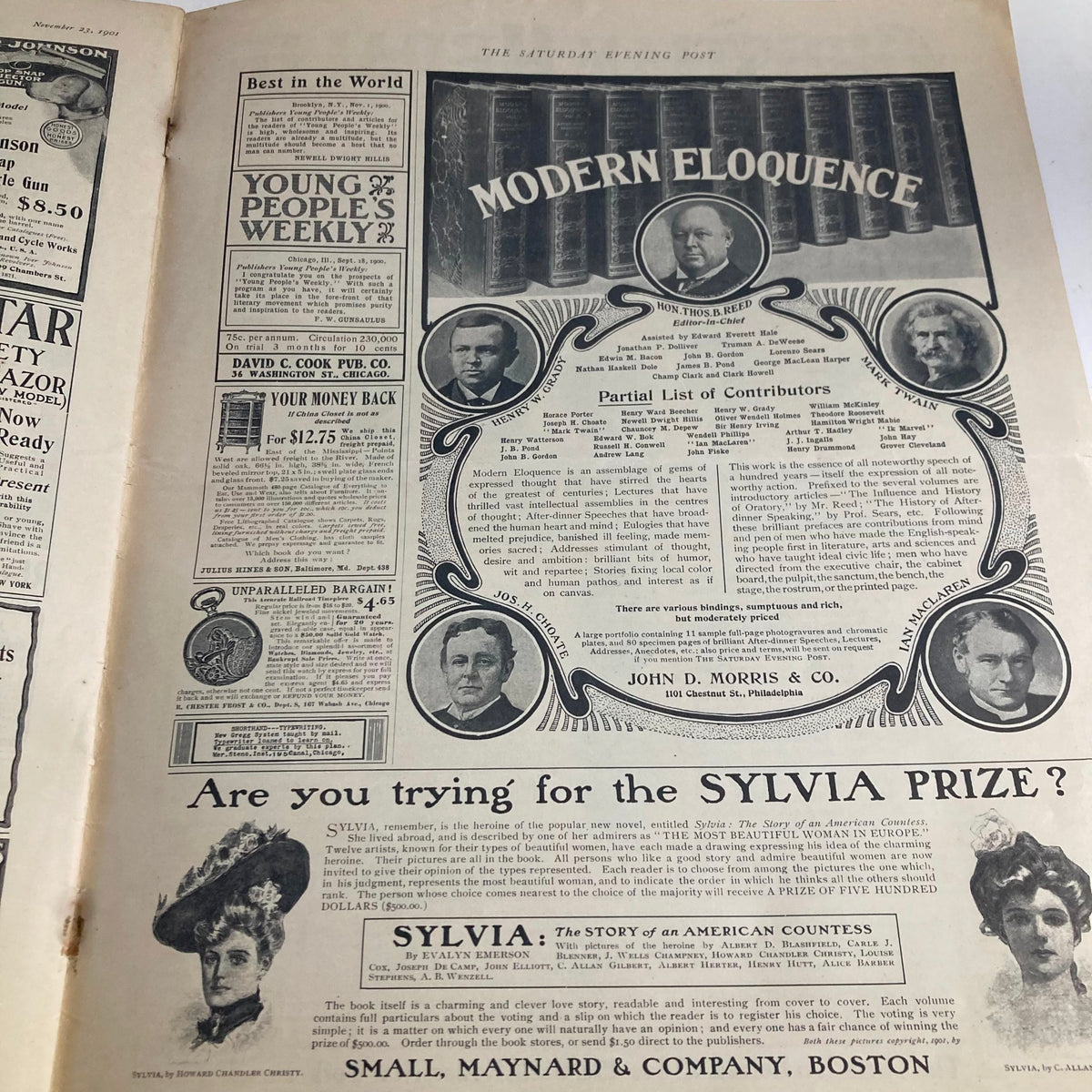 The Saturday Evening Post Magazine November 23, 1901 displaying a page with various contributors and an advertisement for the Sylvia Prize.