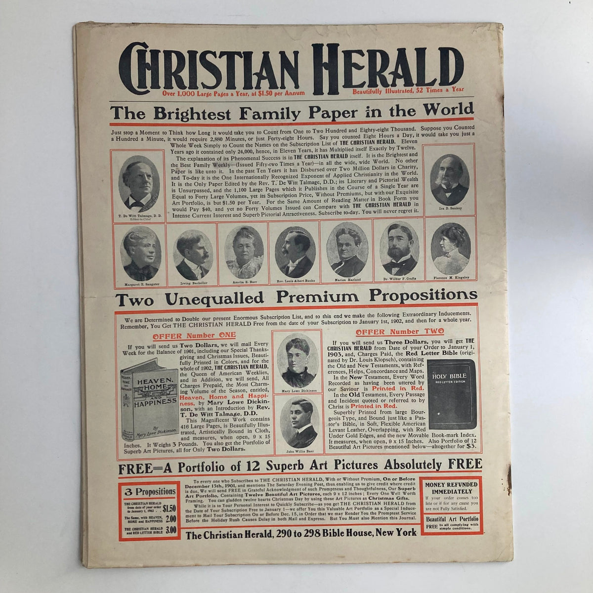 The Saturday Evening Post Magazine November 23, 1901 featuring the front cover of the Christian Herald, highlighting its premium offerings and family-friendly content.