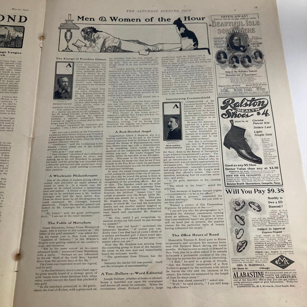Inside page of Saturday Evening Post Magazine May 17, 1902 featuring articles on various topics including 'Men @ Women of the Hour' and 'A Red-Road Angel'.