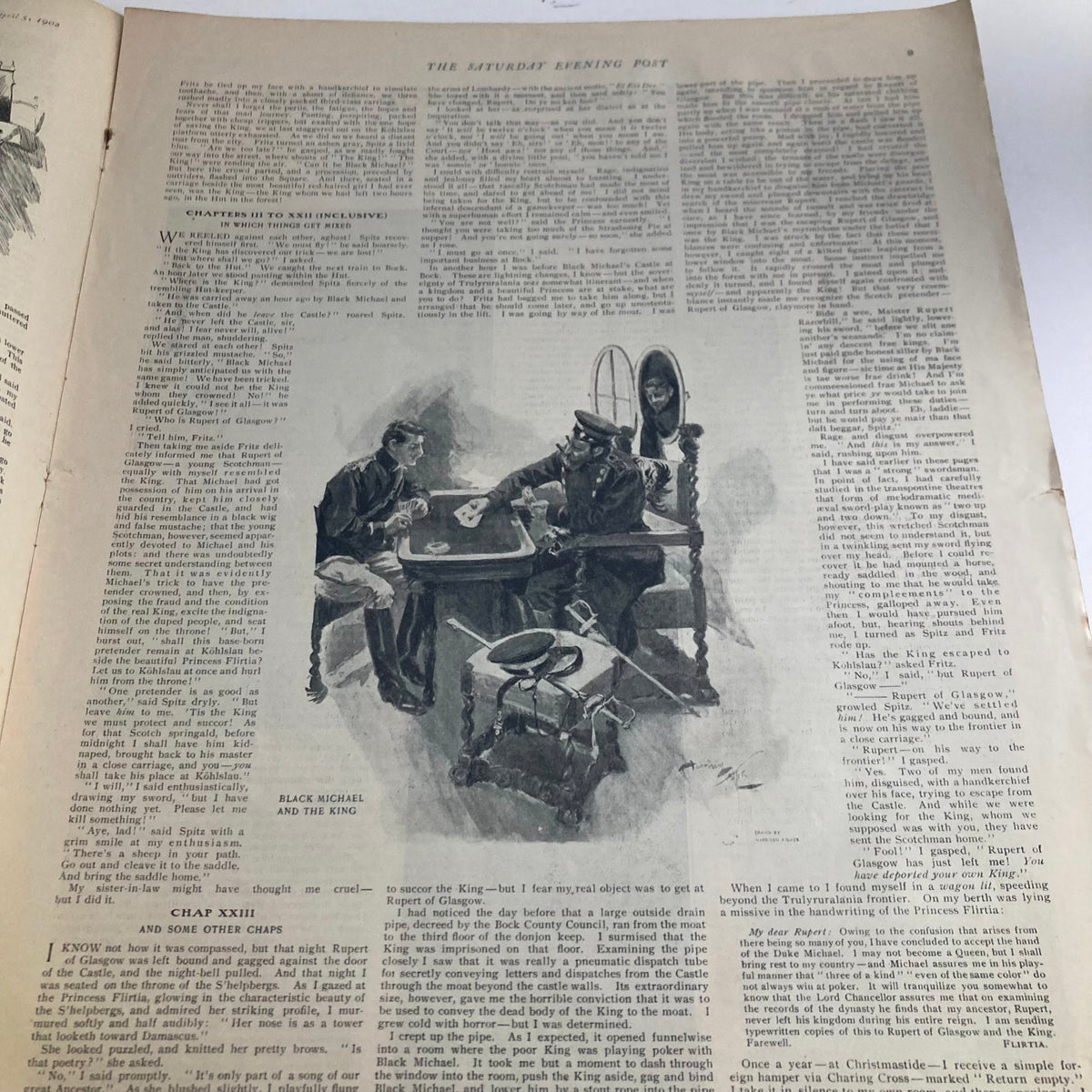An illustrated page from the Saturday Evening Post Magazine April 5 1902 featuring characters engaged in conversation at a table, showcasing the artistic style and content of early 20th-century publications.