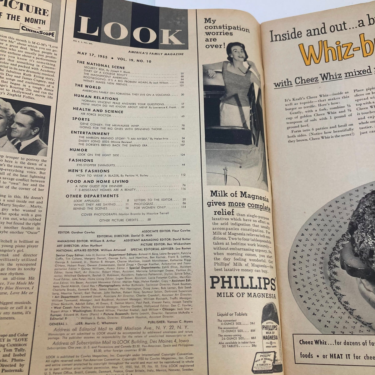 Interior page of the VTG Look Magazine May 17, 1955 displaying the table of contents, highlighting features and sections such as fashion and entertainment.