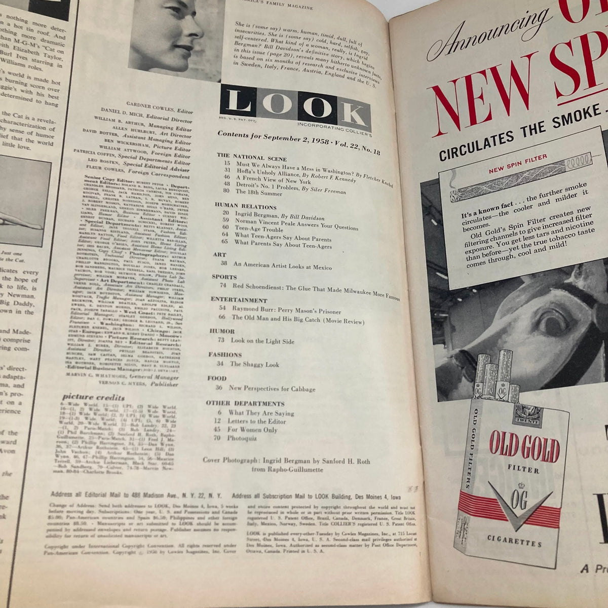 Interior page of VTG Look Magazine September 2 1958 featuring the table of contents, including articles on Ingrid Bergman, human relations, entertainment, and fashion.