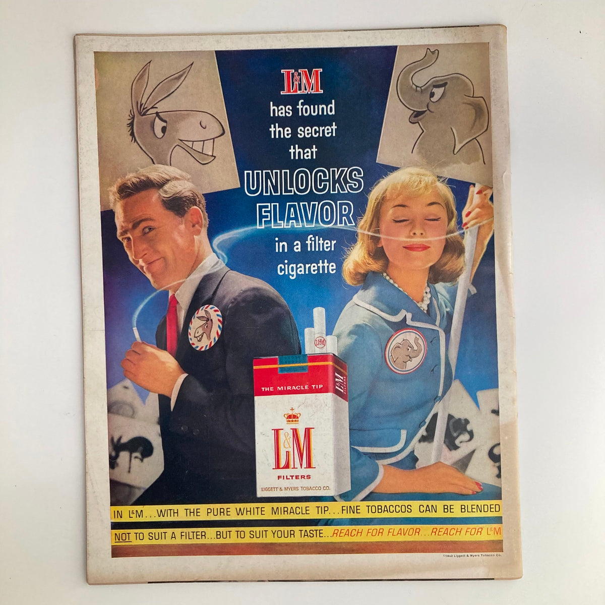 Cover page of the VTG Look Magazine July 5 1960 featuring an advertisement for L&M cigarettes, showcasing a man and a woman with playful illustrations. Reflects 1960s vintage advertising aesthetics.
