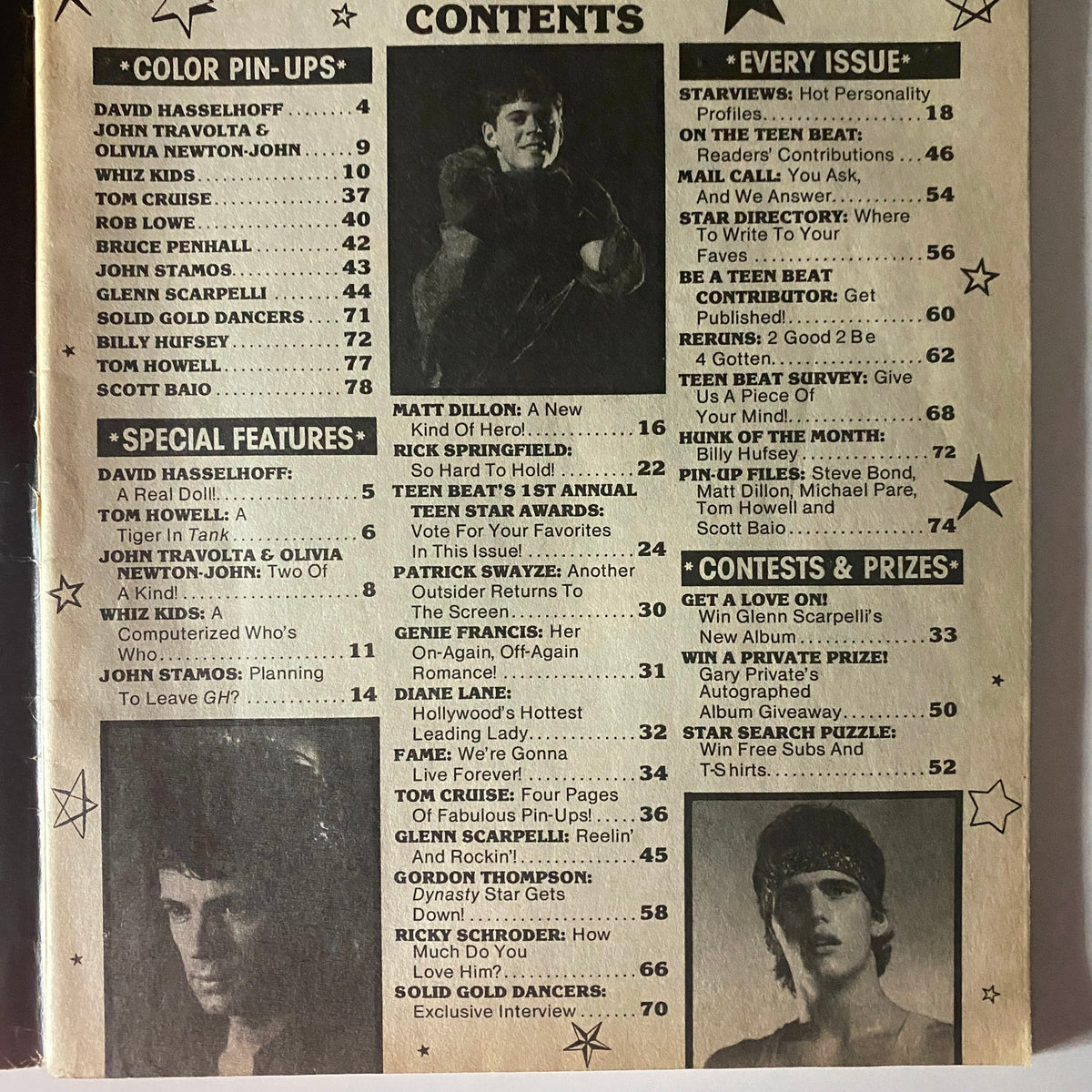 Contents page from Teen Beat Magazine February 1984 featuring color pin-ups and special features on celebrities like David Hasselhoff and John Travolta.