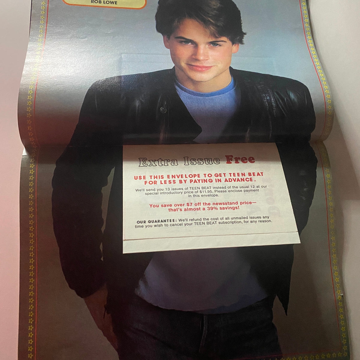 Rob Lowe featured in Teen Beat Magazine February 1984 with a promotional envelope offering a subscription deal.