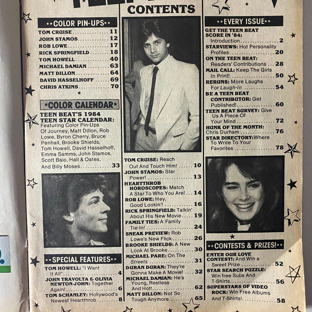 Contents page of Teen Beat Magazine January 1984 listing features such as Tom Cruise, John Stamos, and contests. A snapshot of 1980s teenage culture and celebrity fandom.