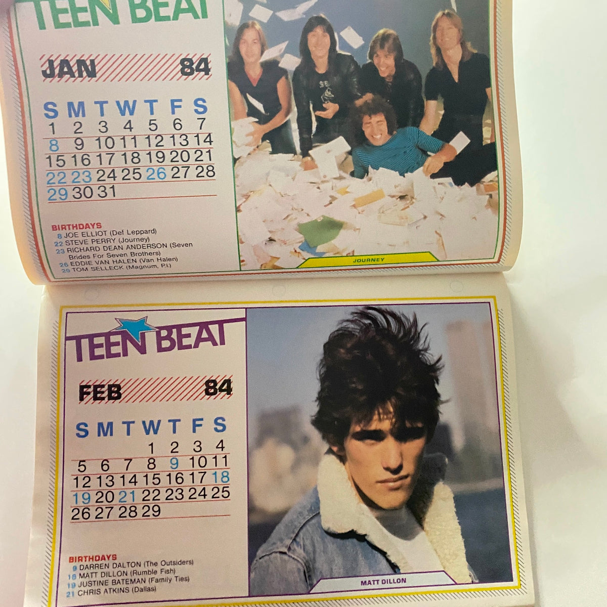 Teen Beat Magazine January 1984 showcasing Journey in the January calendar section and Matt Dillon in the February section with birthdates for notable figures.