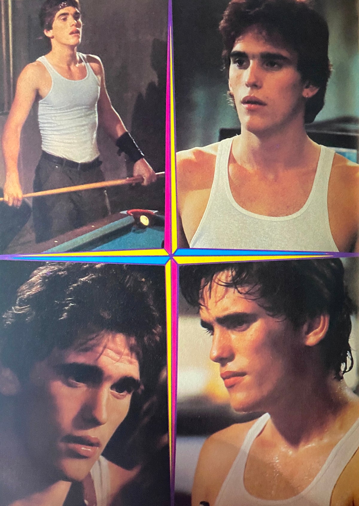 Teen Beat Magazine January 1984 presenting a collage of images of a male actor in a sleeveless shirt, illustrating the teen heartthrobs of the era.