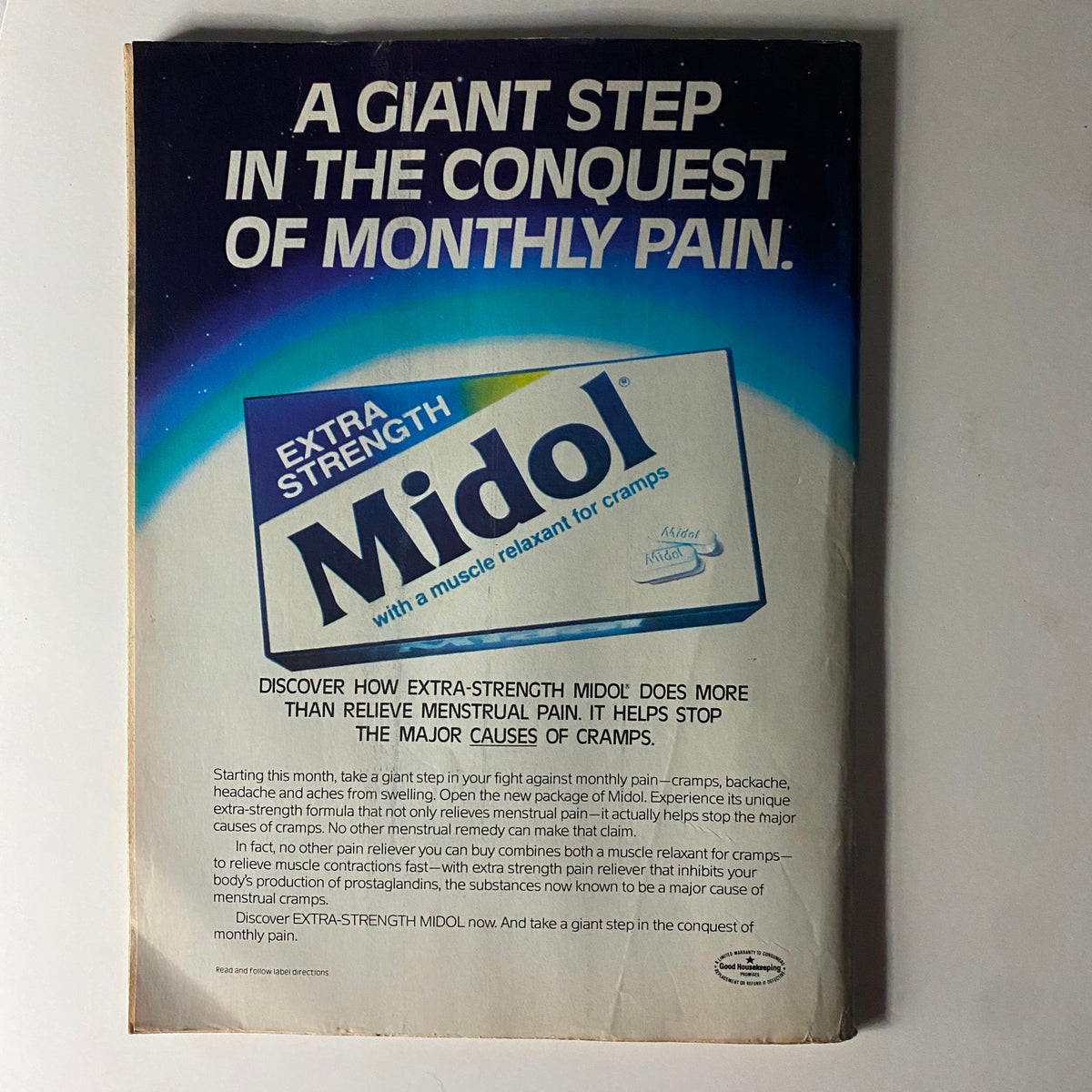 Advertisement for Extra Strength Midol, highlighting its effectiveness in relieving menstrual pain, from Teen Beat Magazine January 1984.