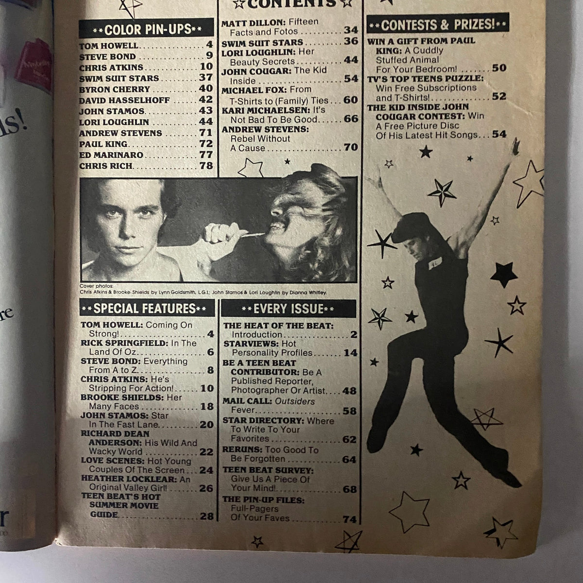 Contents page of Teen Beat Magazine August 1983, listing various sections and features such as color pin-ups and special articles on popular teen idols including Chris Atkins and Brooke Shields.