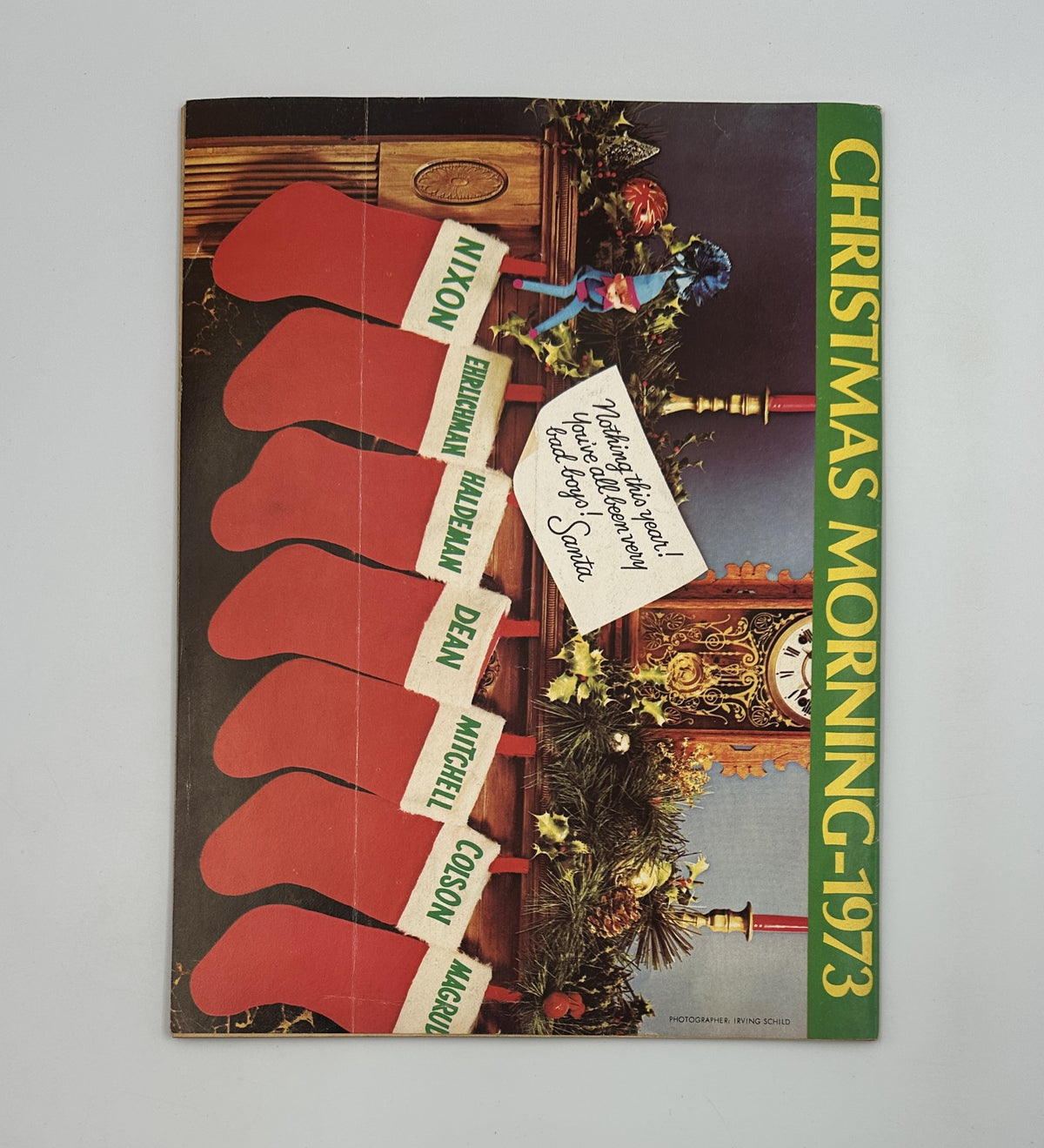 Cover of the Christmas Morning 1973 special edition featured within MAD Magazine No. 164 January 1974, showcasing holiday stockings with various names.