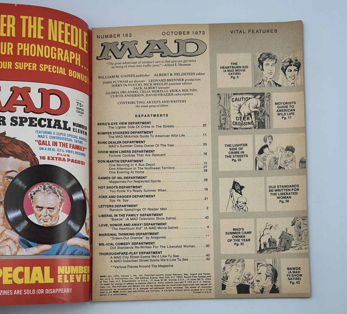 MAD Magazine No. 162 from October 1973, showing the Table of Contents with departments listed such as 'Berg’s-Eye View' and 'The Heartburn Kid' including a section on classic MAD humor.
