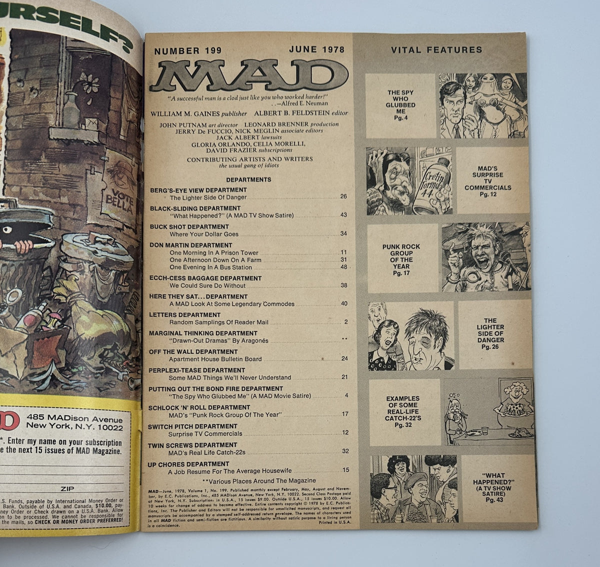 Interior page from MAD Magazine No. 199 June 1978 showcasing various department sections with titles like 'The Spy Who Loved Me' and 'Punk Rock'. The layout includes a cartoonish illustration style indicative of the magazine's humor.