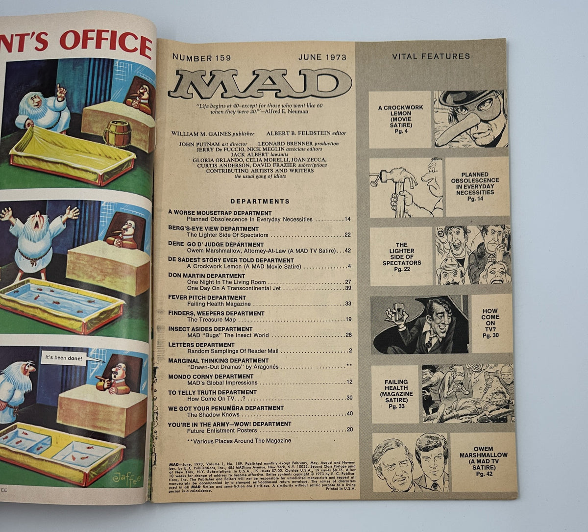 Inside page of MAD Magazine No. 159 from June 1973 showcasing the Table of Contents and departments, highlighting various comedic features and sketches.