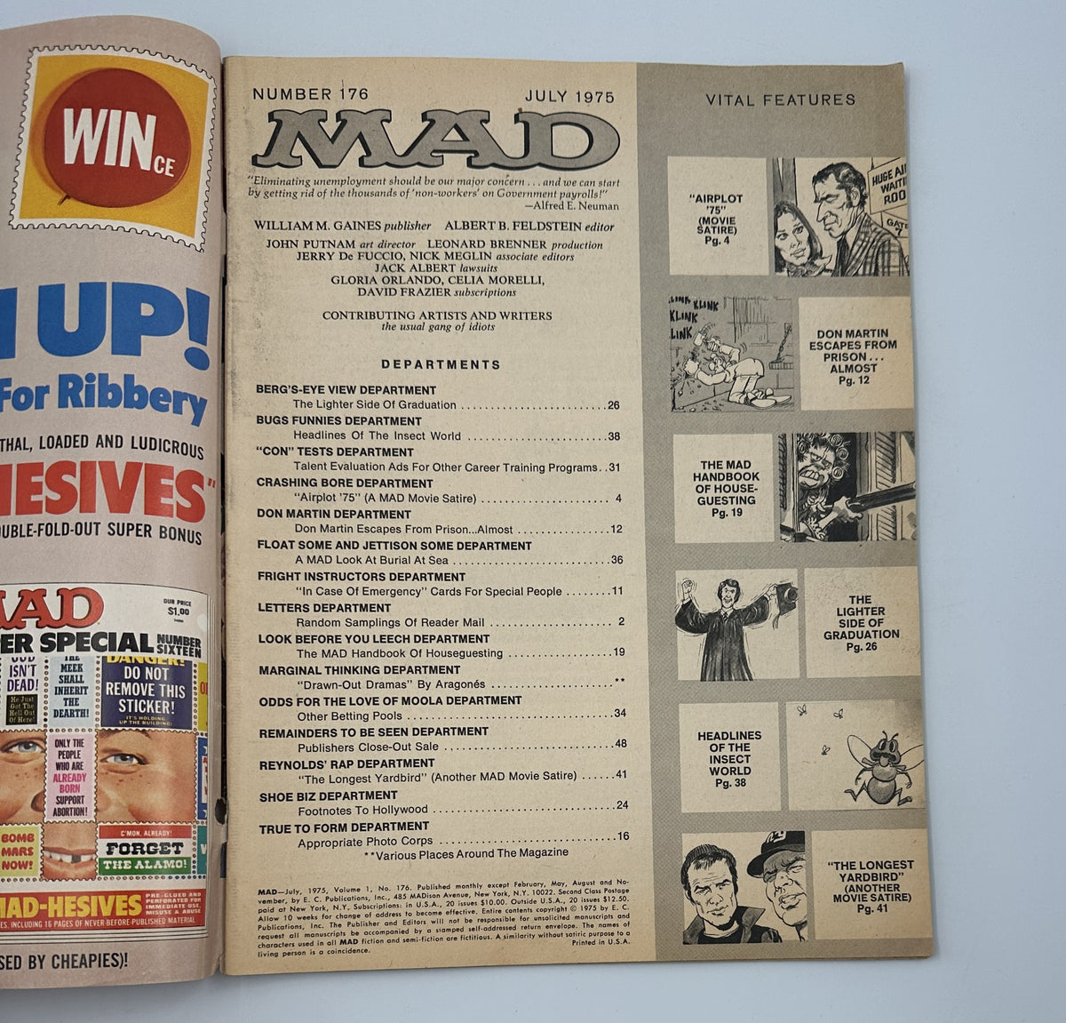 Interior page of MAD Magazine No. 176 from July 1975 detailing the magazine's departments and vital features, showcasing a structured table of contents for reader orientation.