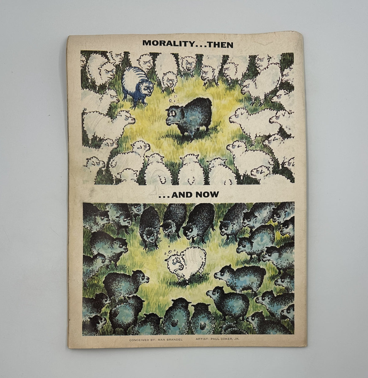 Back cover illustration of MAD Magazine No. 171 from December 1974 titled 'Morality... Then and Now', depicting a humorous comparison of sheep with a distinctive black sheep character. This magazine issue showcases satirical art and commentary.