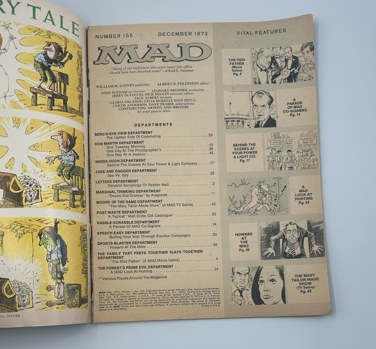 Inside page of MAD Magazine No. 155, December 1972, displaying the table of contents including various departments and features such as 'The Odd Father'.