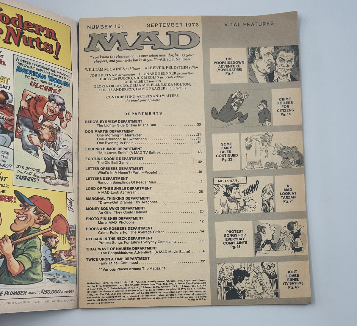 MAD Magazine No. 161 September 1973, featuring the Table of Contents with various departments such as 'Berg's-Eye View', 'Don Martin', and 'Photo-Finishes', showcasing humor and satire.