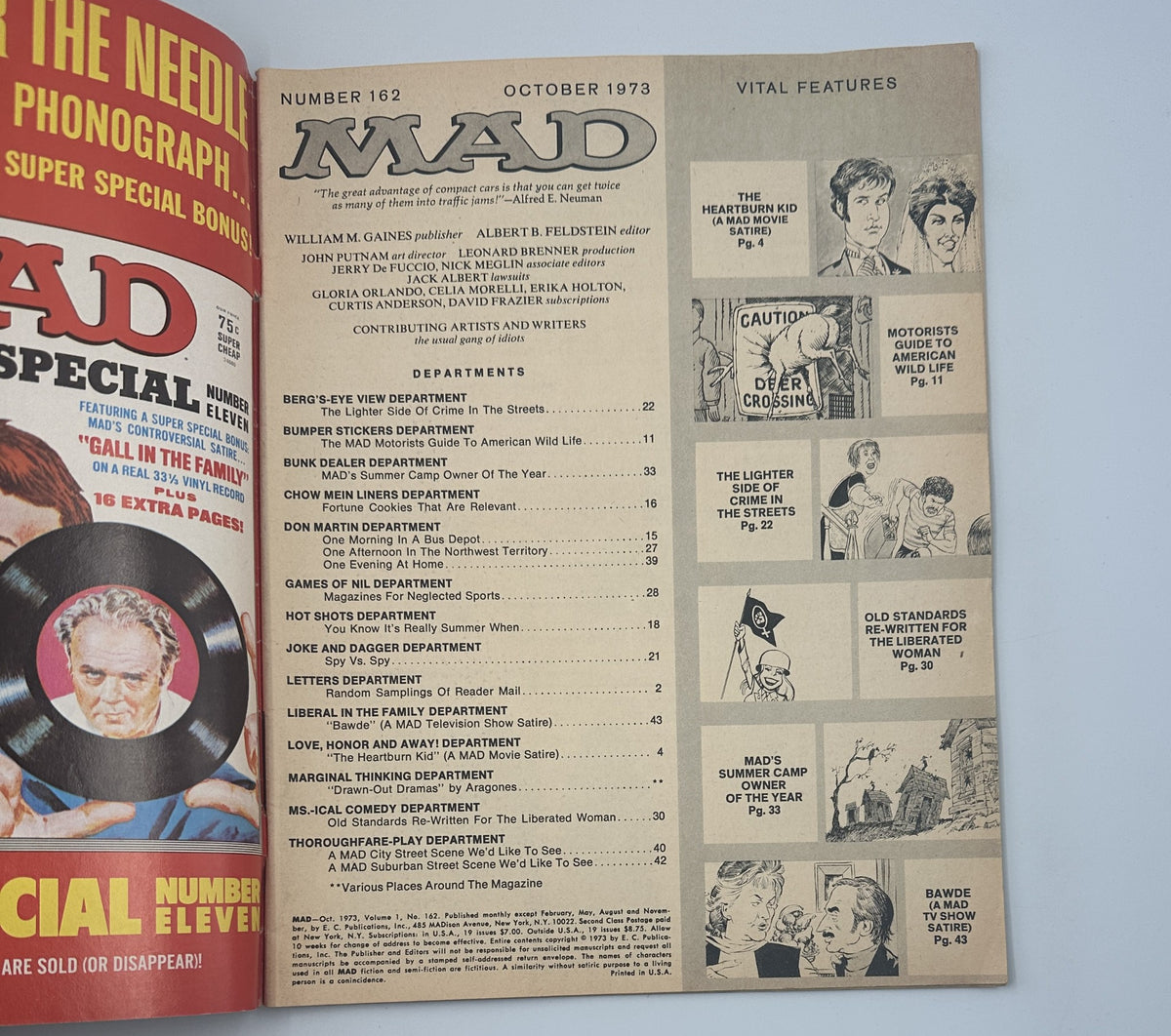 Inside page of MAD Magazine No. 162 October 1973 displaying the table of contents and vital features, highlighting various satirical articles and illustrations.
