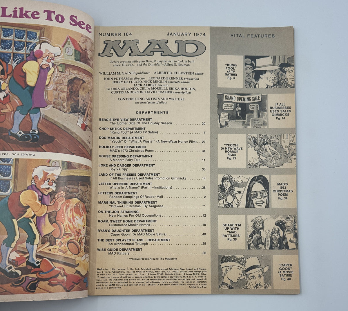 Inside page of MAD Magazine No. 164 from January 1974 displaying the Table of Contents and various department titles, including 'Berg's-Eye View' and 'Letters Department'.