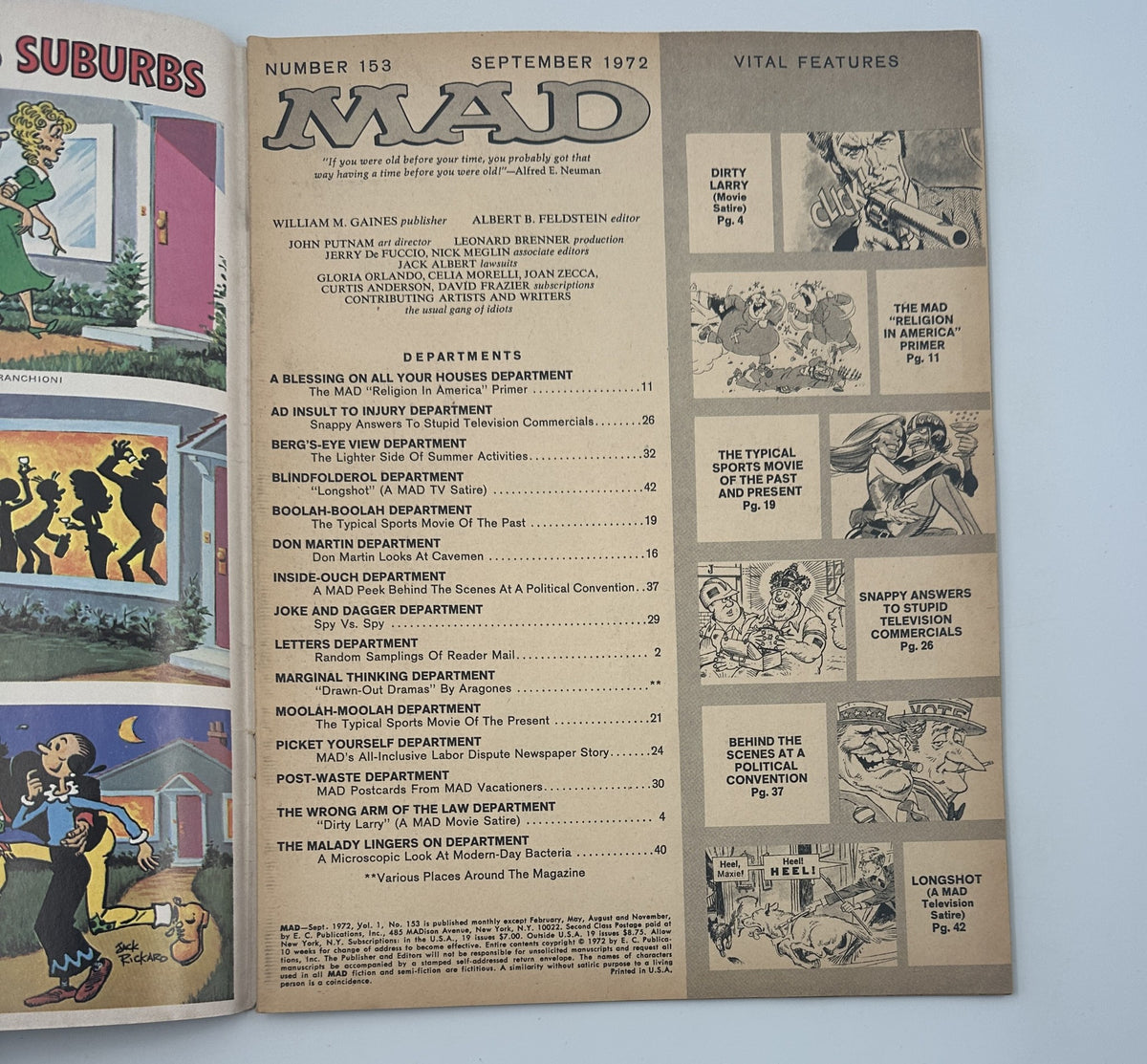 Inside page of MAD Magazine No. 153 from September 1972, displaying the table of contents detailing various comedic departments, including 'Dirty Larry' and 'Joke and Dagger'. This page gives a glimpse into the magazine's satirical offerings.