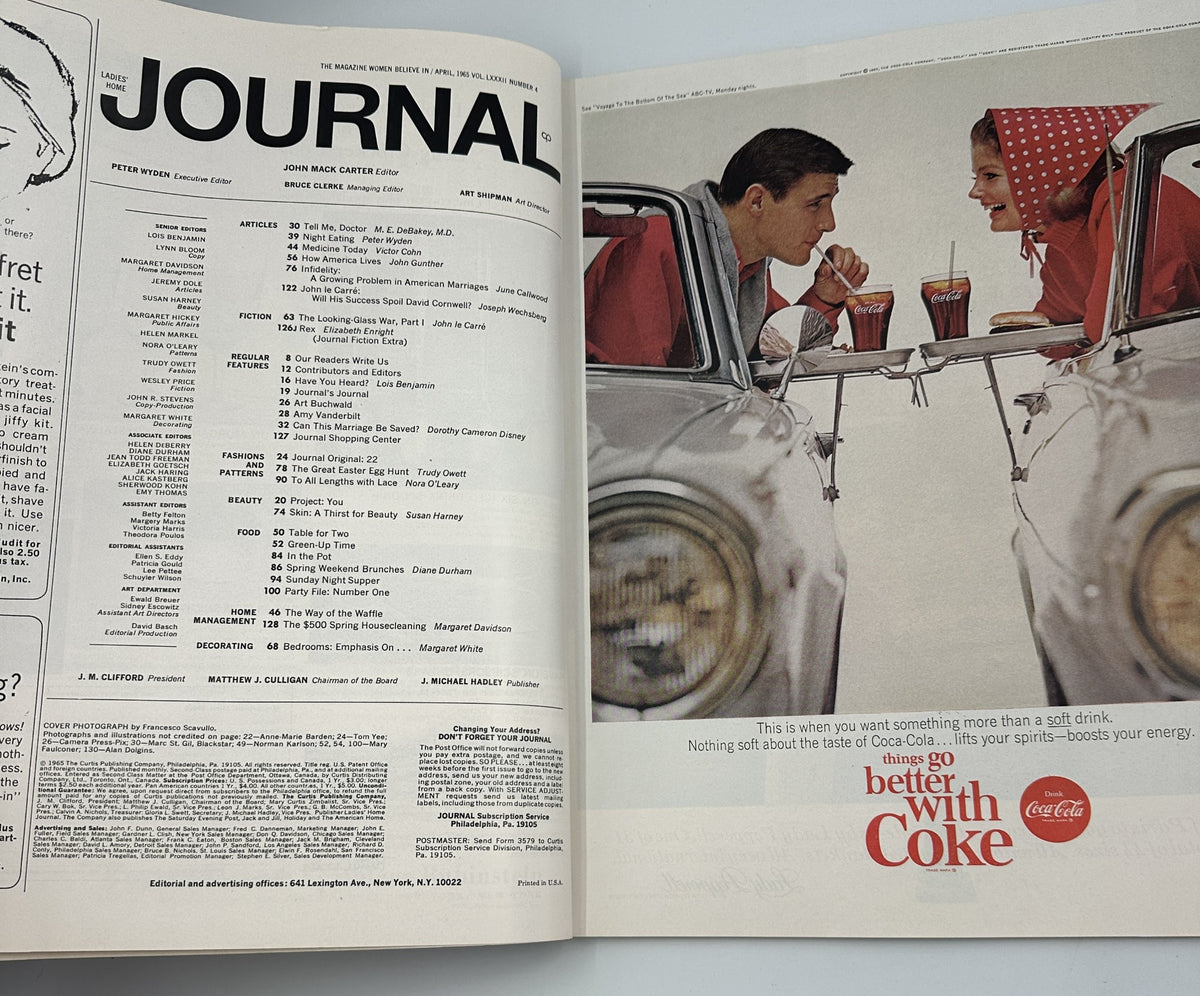 Inside page of Ladies' Home Journal Magazine April 1965, displaying the Table of Contents and an advertisement for Coke with a couple enjoying drinks.