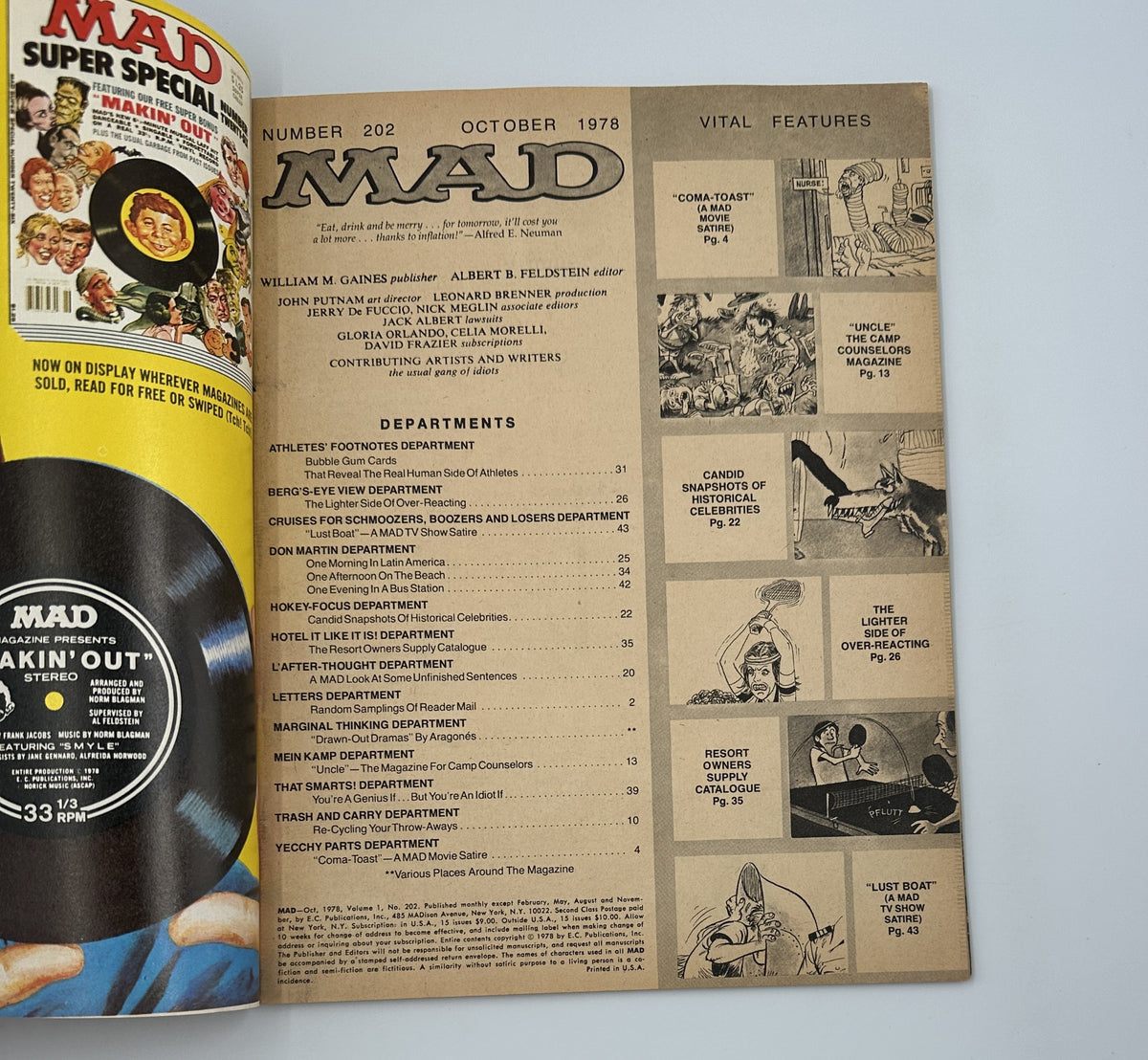 Interior page from MAD Magazine No. 202 October 1978 showing the table of contents, detailing various departments including 'ATHLETES FOOTNOTES,' 'CRUISES FOR SCHMOOZERS,' and more. This issue features a vintage style layout relevant to its time.