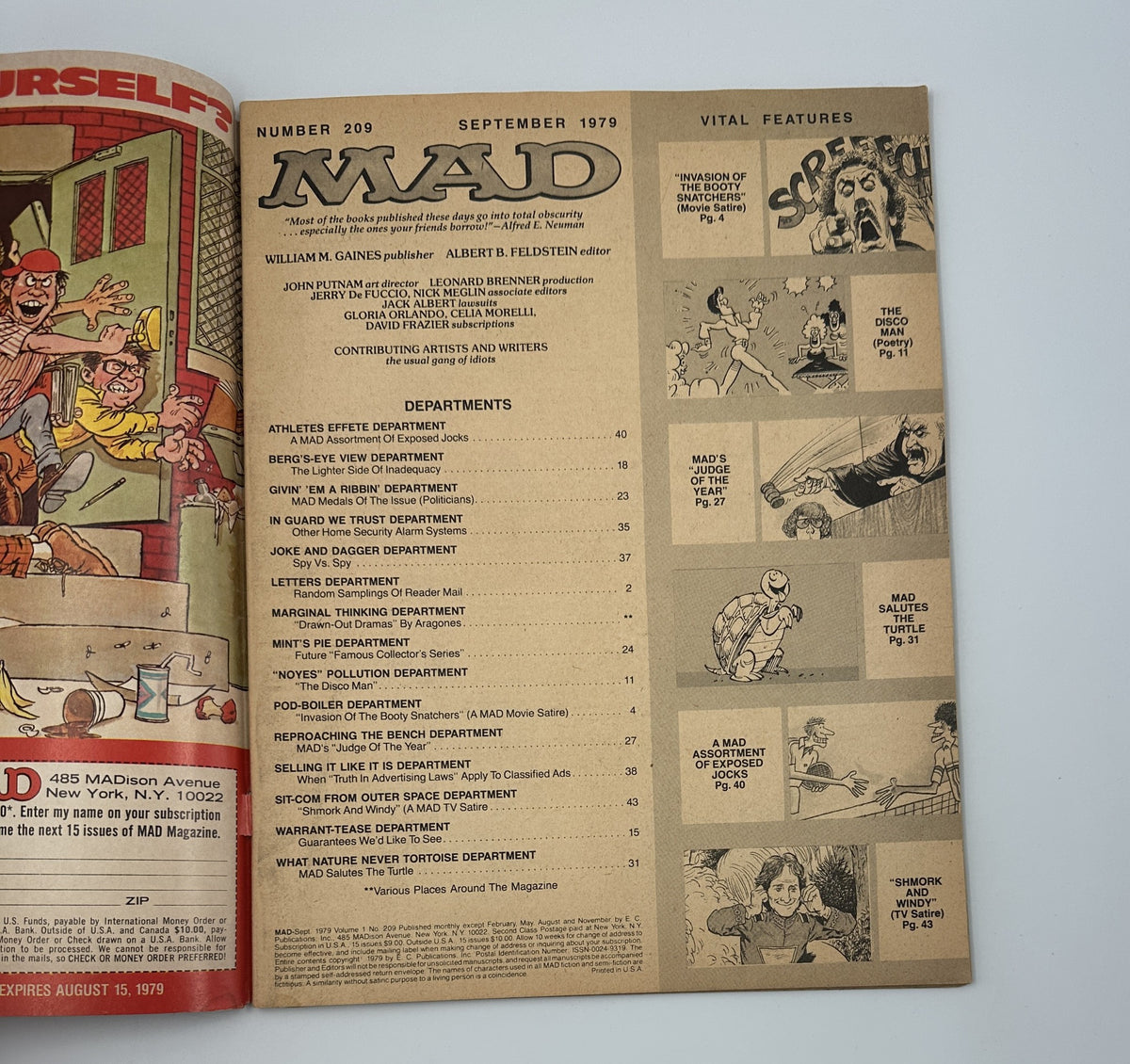 Inside page of MAD Magazine No. 209 from September 1979 displaying the Table of Contents alongside a variety of comic illustrations and humorous section titles.