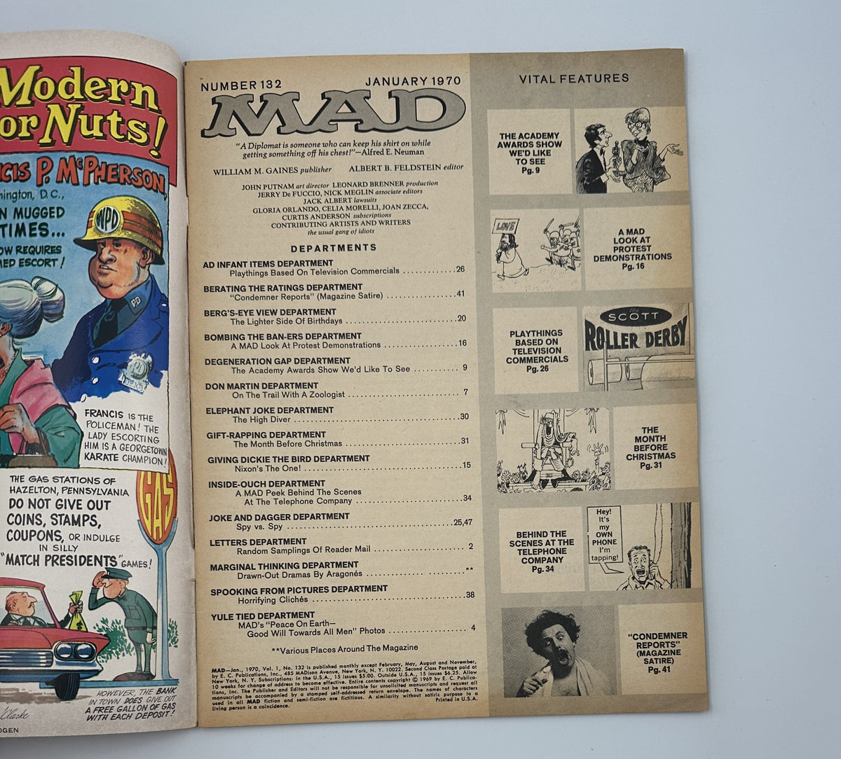 Inside page of MAD Magazine No. 132 January 1970 showing the table of contents. It highlights various departments and features, providing an overview of the magazine's content.
