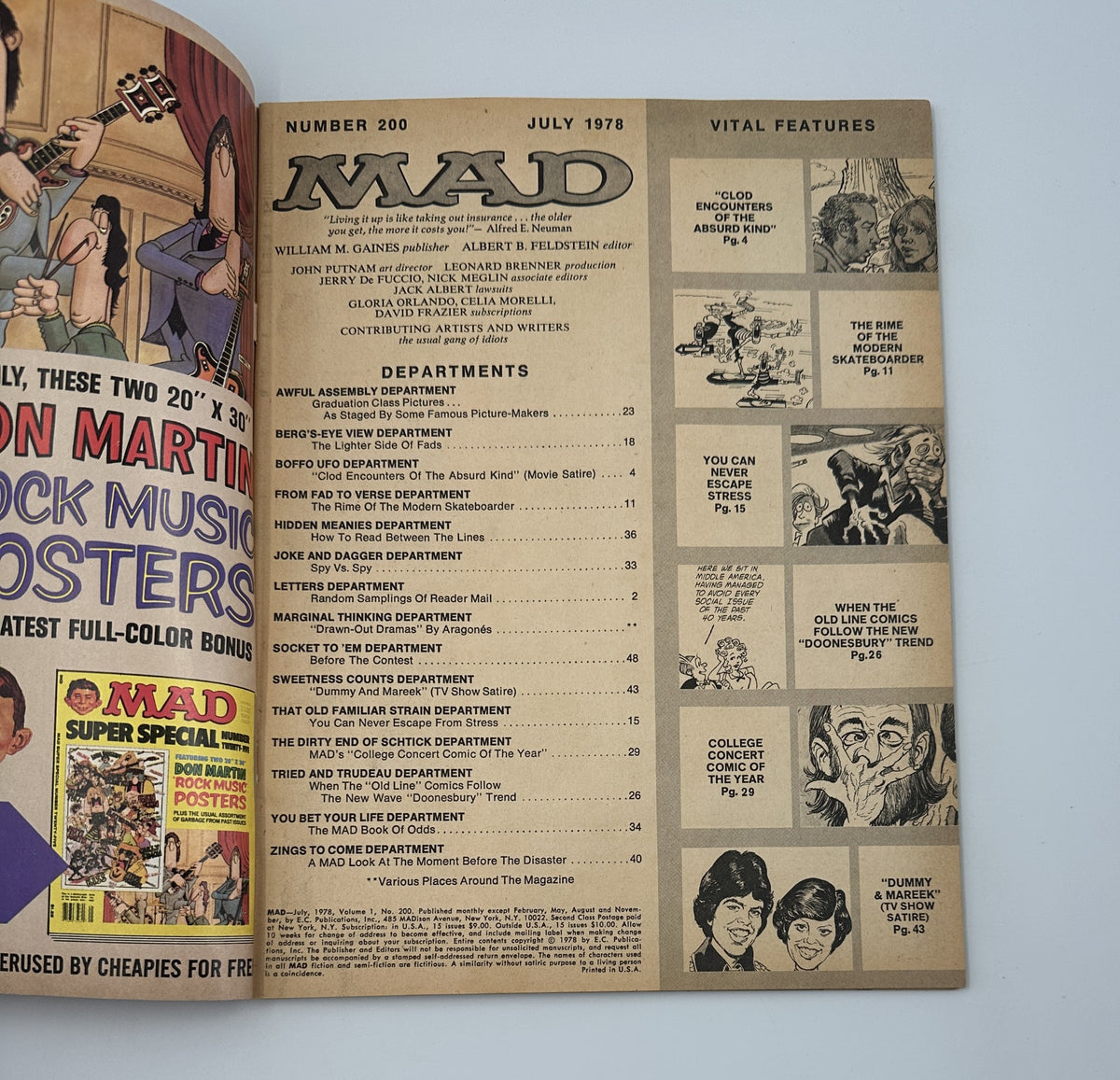 Inside page of MAD Magazine No. 200 from July 1978, featuring the Table of Contents and departmental highlights, showcasing humorous content including 'Graduation Class Pictures' and 'Spy Vs. Spy'.