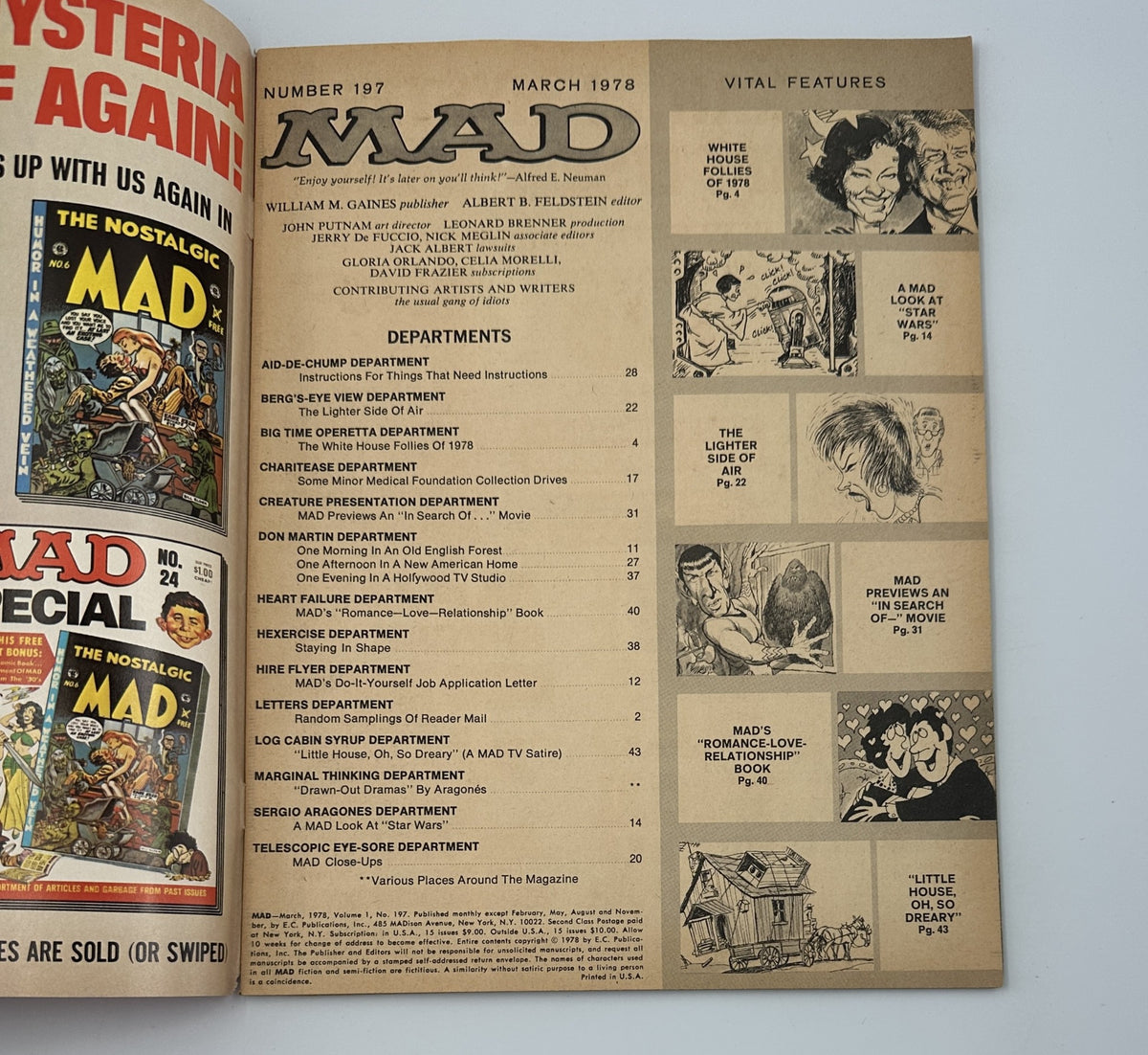 Inside page of MAD Magazine No. 197 March 1978 displaying the Table of Contents and various department titles, including 'AID-DE-CHUMP' and 'HEART FAILURE DEPARTMENT'.