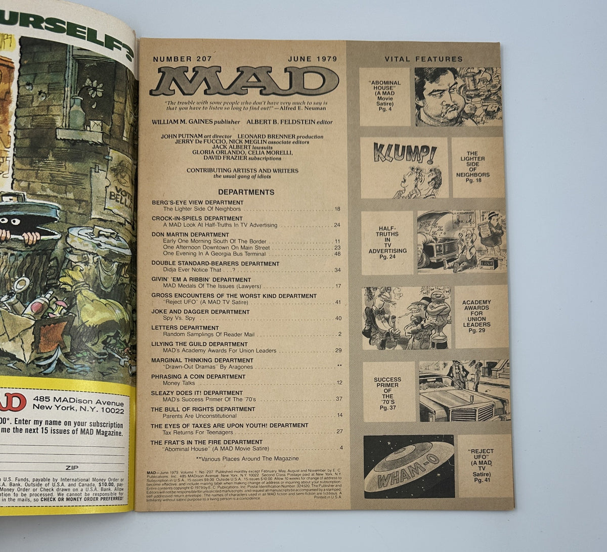 Inside page of MAD Magazine No. 207 from June 1979 showcasing the table of contents and various departments of the magazine.