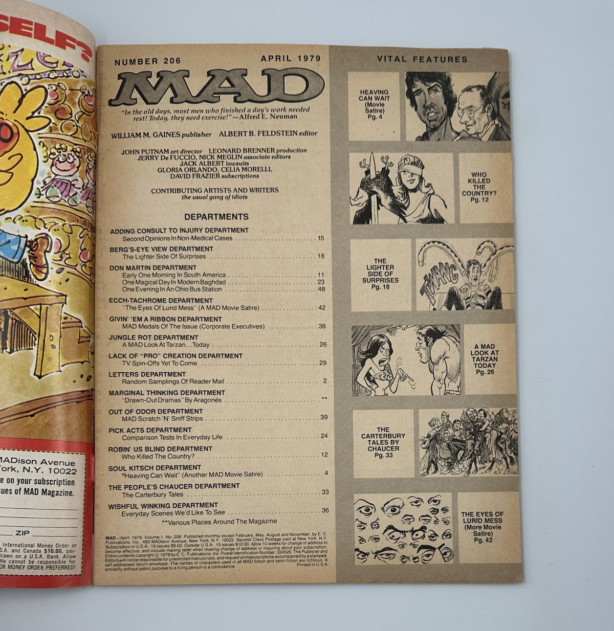 Interior page of MAD Magazine No. 206 from April 1979 showcasing the Table of Contents. Features include sections on various humorous articles and illustrations, highlighting the magazine's vibrant art style.