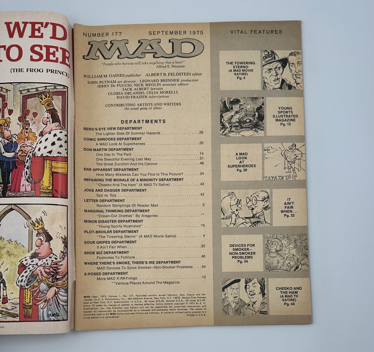 Interior page of MAD Magazine No. 177, September 1975, featuring the Table of Contents and various departments including 'The Towering Sferno,' 'Young Sports Illustrated,' and 'Cheeko And The Ham.' Contains humorous illustrations and descriptions.
