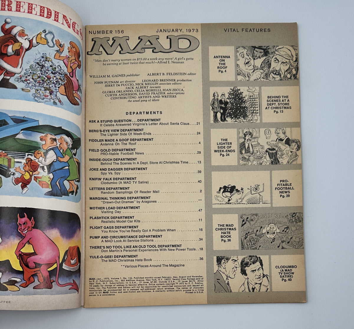 Inside page of MAD Magazine No. 156 January 1973 showcasing the Table of Contents with department titles including 'Ask a Stupid Question' and 'Columbo'.