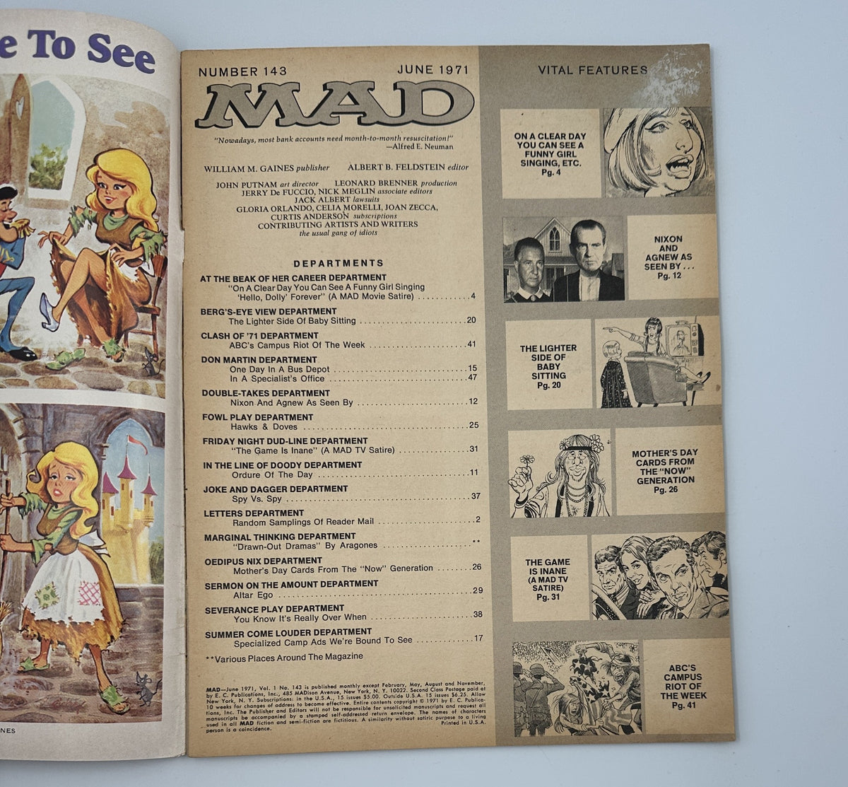 Interior page of MAD Magazine No. 143, June 1971, showcasing the Table of Contents, including features like 'On A Clear Day You Can See A Funny Girl Singing Hello Dolly Forever' and various departments.