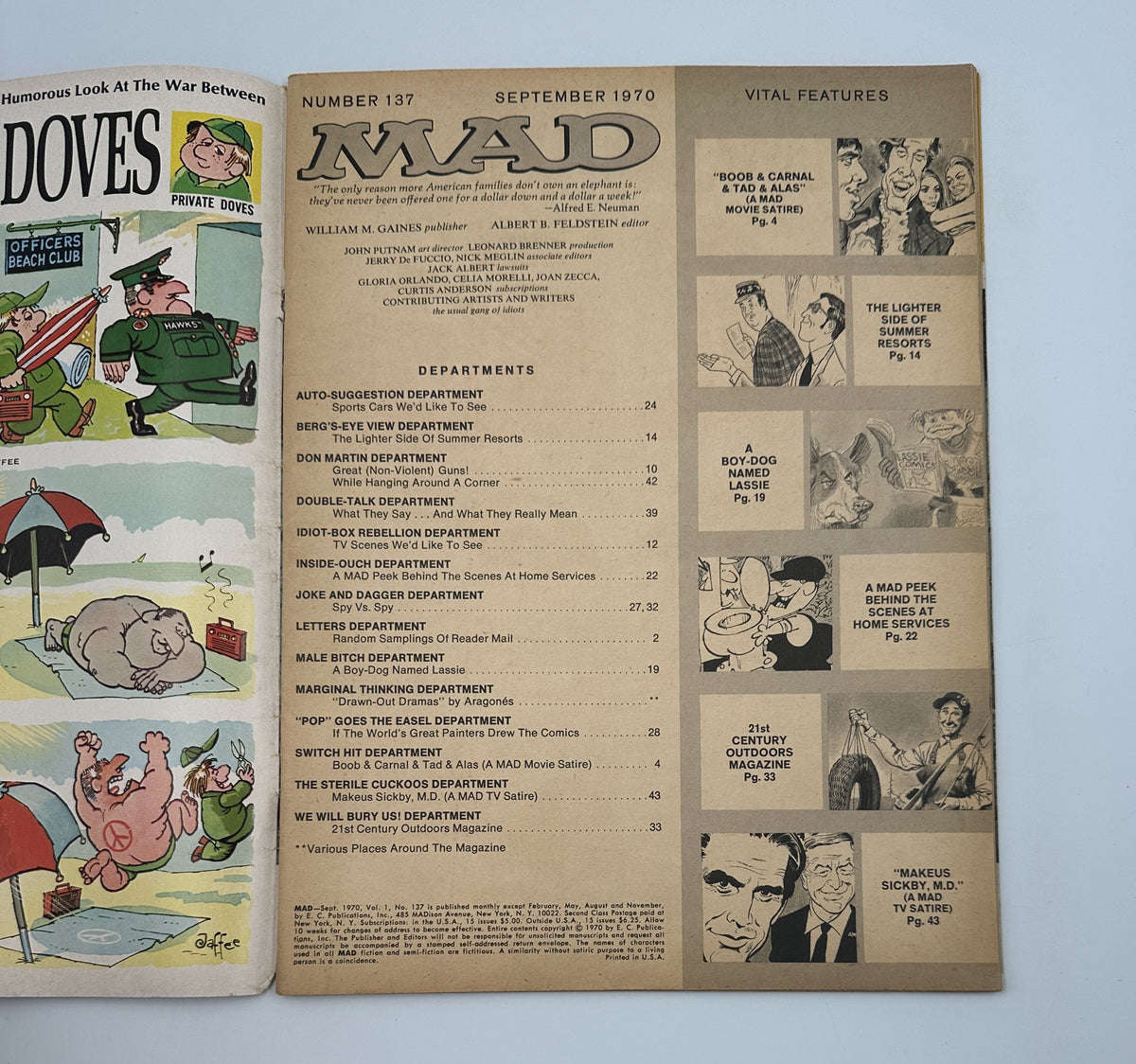 Page from MAD Magazine No. 137, September 1970, displaying the Table of Contents and the list of departments including 'Boob & Carnal'. Features illustrated sections and important details about the issue.