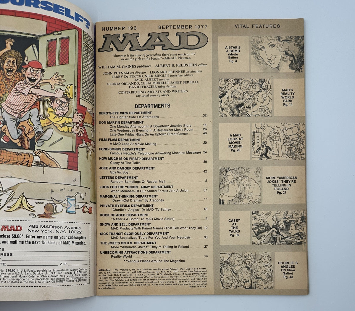 Interior page of MAD Magazine No. 193 from September 1977 showcasing various departments and features including 'A STAR IS BORN' and comic illustrations.