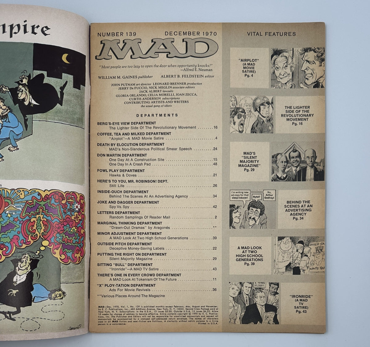 Interior page of MAD Magazine No. 139 December 1970 displaying the Table of Contents, showcasing various departments and features of the magazine.