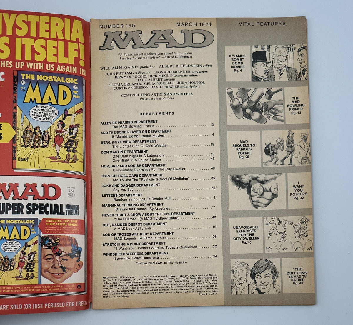 Table of contents page from MAD Magazine No. 165 March 1974, detailing various departments and features, including 'James Bomb', 'Spy Vs. Spy', and 'Hypocritical Oafs'.