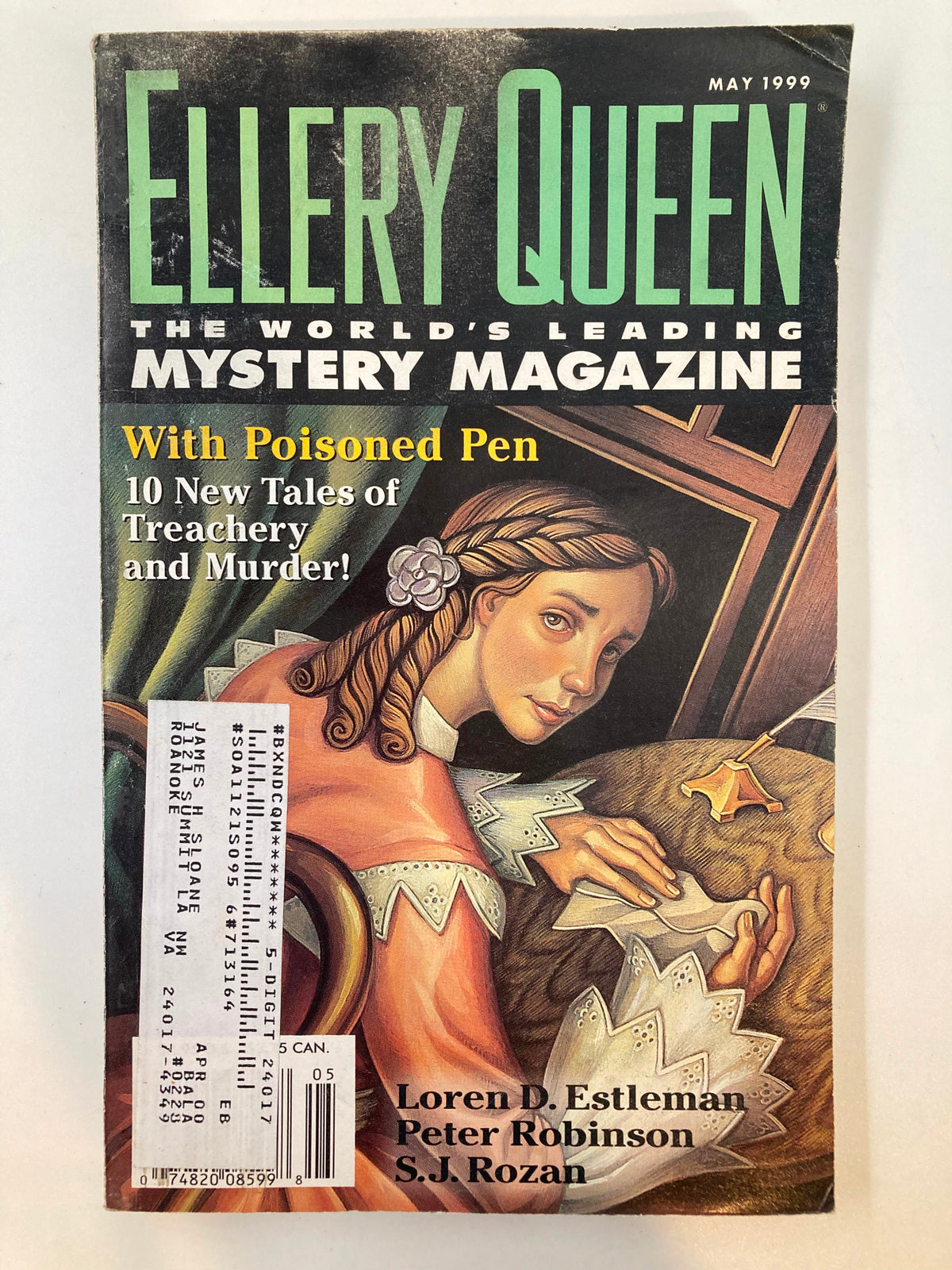 Ellery Queen Mystery Magazine May 1999 cover featuring the title and an illustration representing the theme 'With Poisoned Pen: 10 New Tales of Treachery and Murder.'