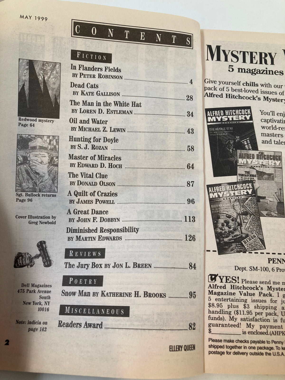 Ellery Queen Mystery Magazine May 1999 contents page listing various fiction titles, including contributions from authors like Peter Robinson and Loren D. Estleman.