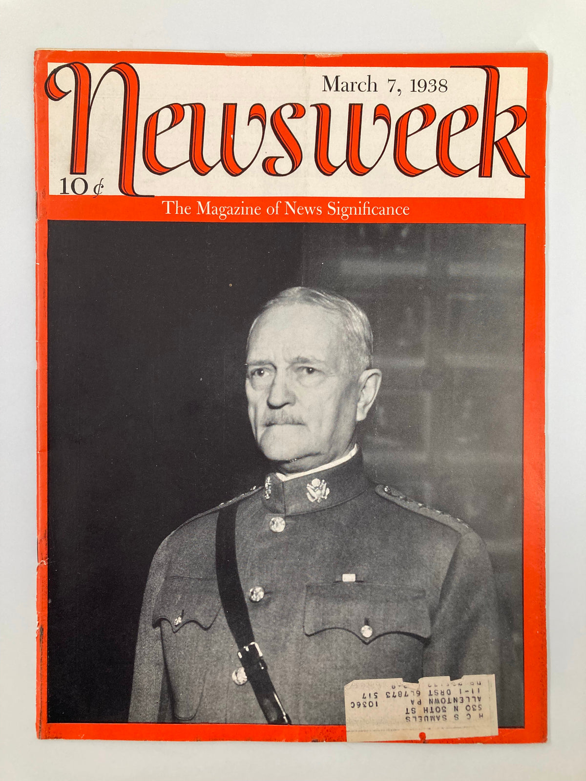 Cover of VTG Newsweek Magazine dated March 7, 1938, featuring General John J. Joseph Pershing, showcasing historical significance in military history.