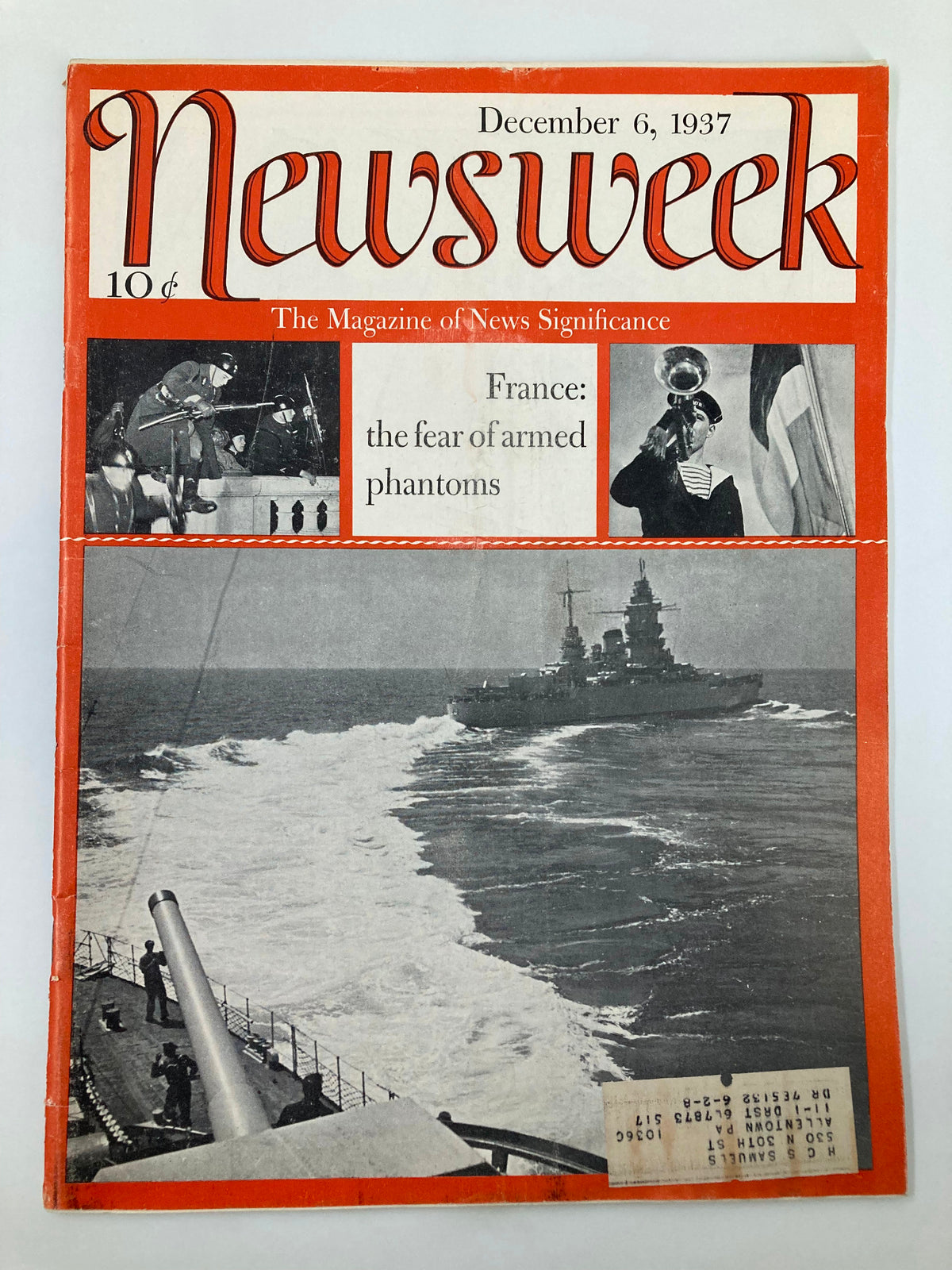 VTG Newsweek Magazine cover from December 6, 1937, featuring the headline 'France: the Fear of Armed Phantoms'. The magazine showcases a historical photograph of military personnel and a battleship in the sea, reflecting the era's socio-political climate.
