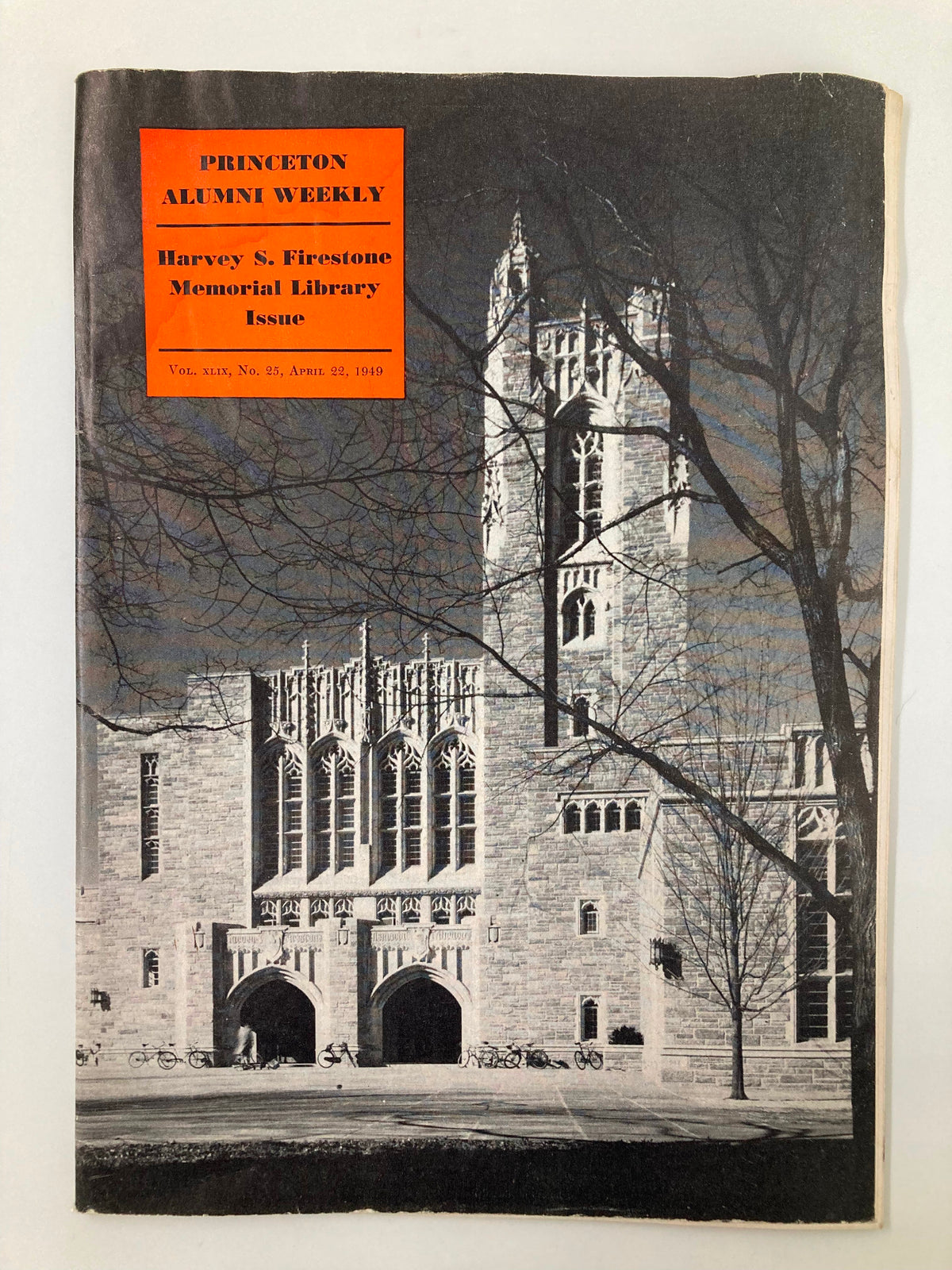 Vintage cover of VTG Princeton Alumni Weekly, April 22, 1949, featuring the Harvey S. Firestone Memorial Library with a black and white photograph of the building.