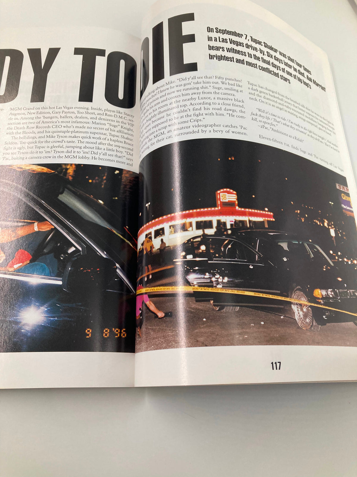 Page from The New York Times Best Seller Memoir of Tupac Shakur 1971 - 1996 showcasing a narrative on Tupac's experiences at MGM Grand in Las Vegas.