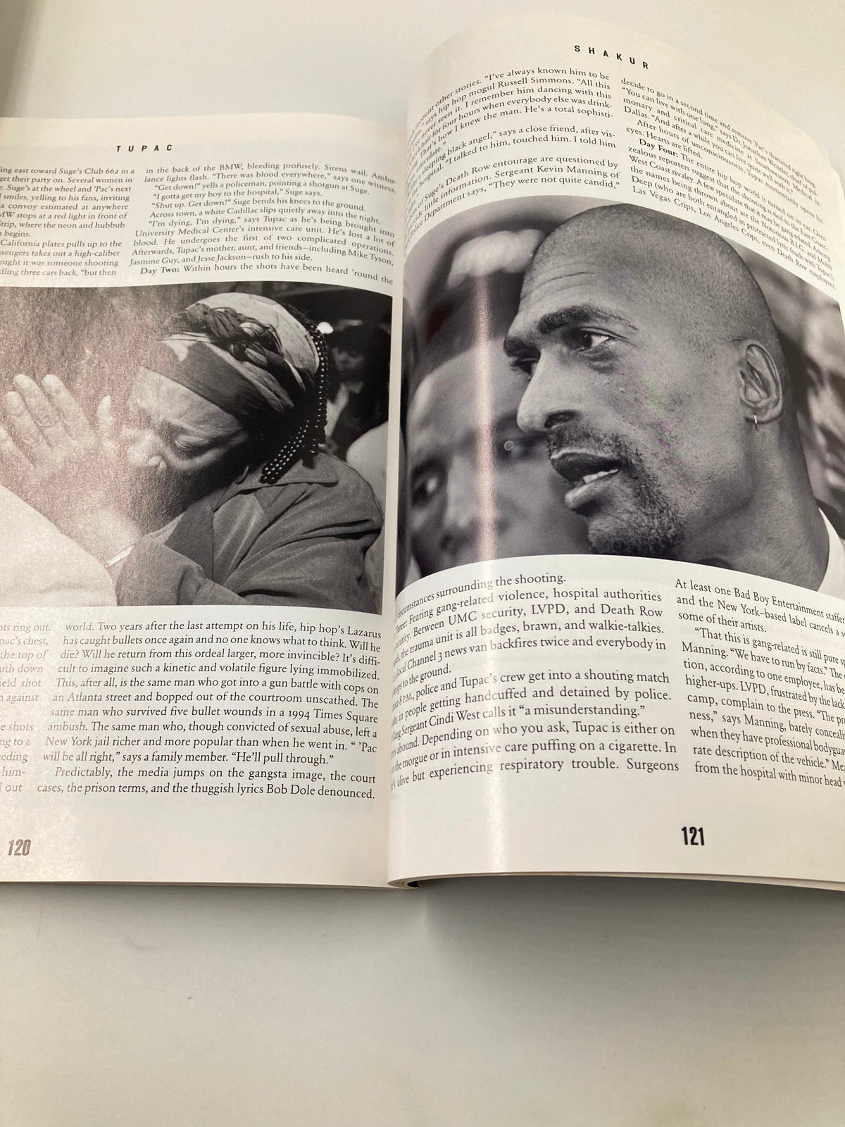 Page from The New York Times Best Seller Memoir of Tupac Shakur 1971 - 1996 featuring a poignant photograph of Tupac Shakur and text discussing his life and struggles.