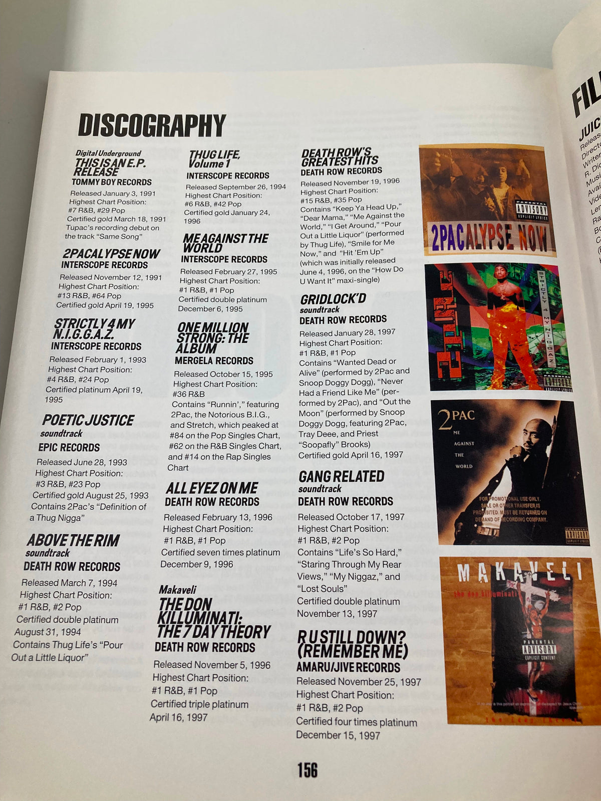 Page from The New York Times Best Seller Memoir of Tupac Shakur 1971 - 1996 listing Tupac's discography, highlighting his influential albums.