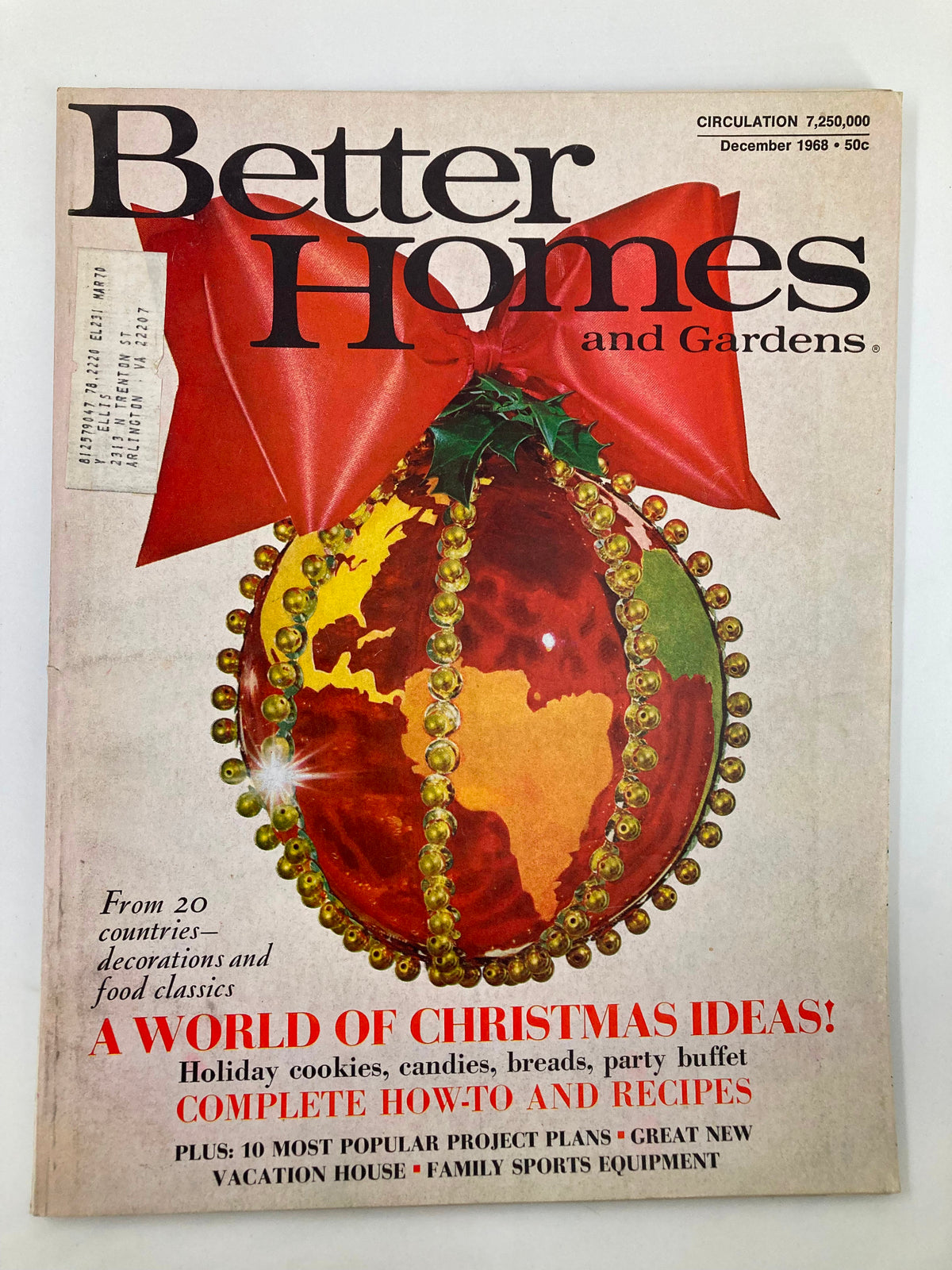 Cover of the Better Homes & Gardens Magazine December 1968 featuring a decorative Christmas ornament and a festive red bow, titled 'A World of Christmas Ideas,' showcasing holiday recipes and decorating tips.
