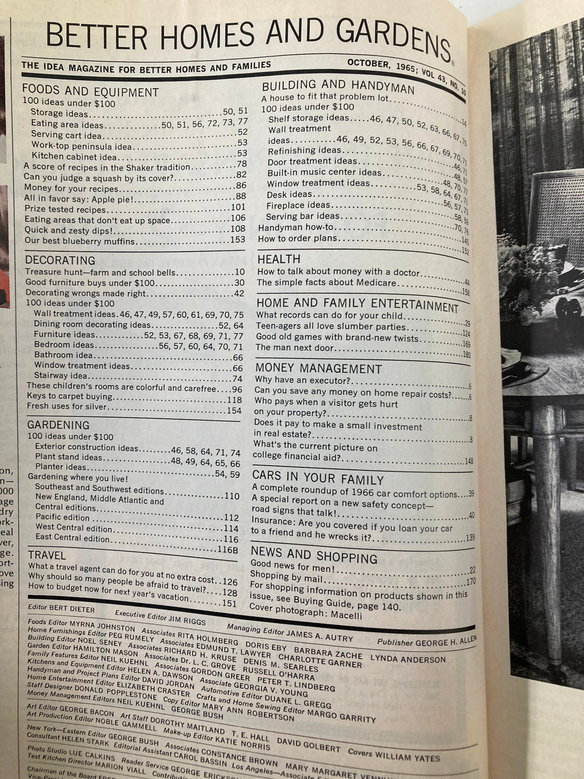 Better Homes & Gardens Magazine October 1965 - Table of contents page listing featured articles on homemaking, family life, and money management.
